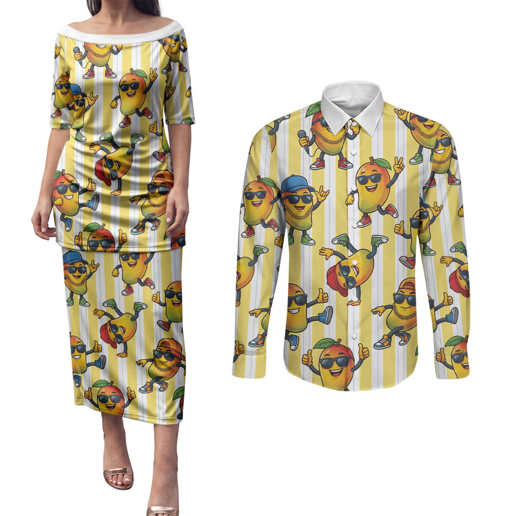 Funny Hawaii Mango Hip Hop Cartoon Couples Matching Puletasi and Long Sleeve Button Shirt Summer Beach Party LT19 Yellow - Polynesian Pride