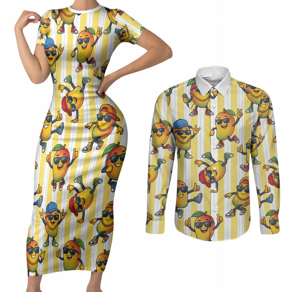Funny Hawaii Mango Hip Hop Cartoon Couples Matching Short Sleeve Bodycon Dress and Long Sleeve Button Shirt Summer Beach Party LT19 Yellow - Polynesian Pride