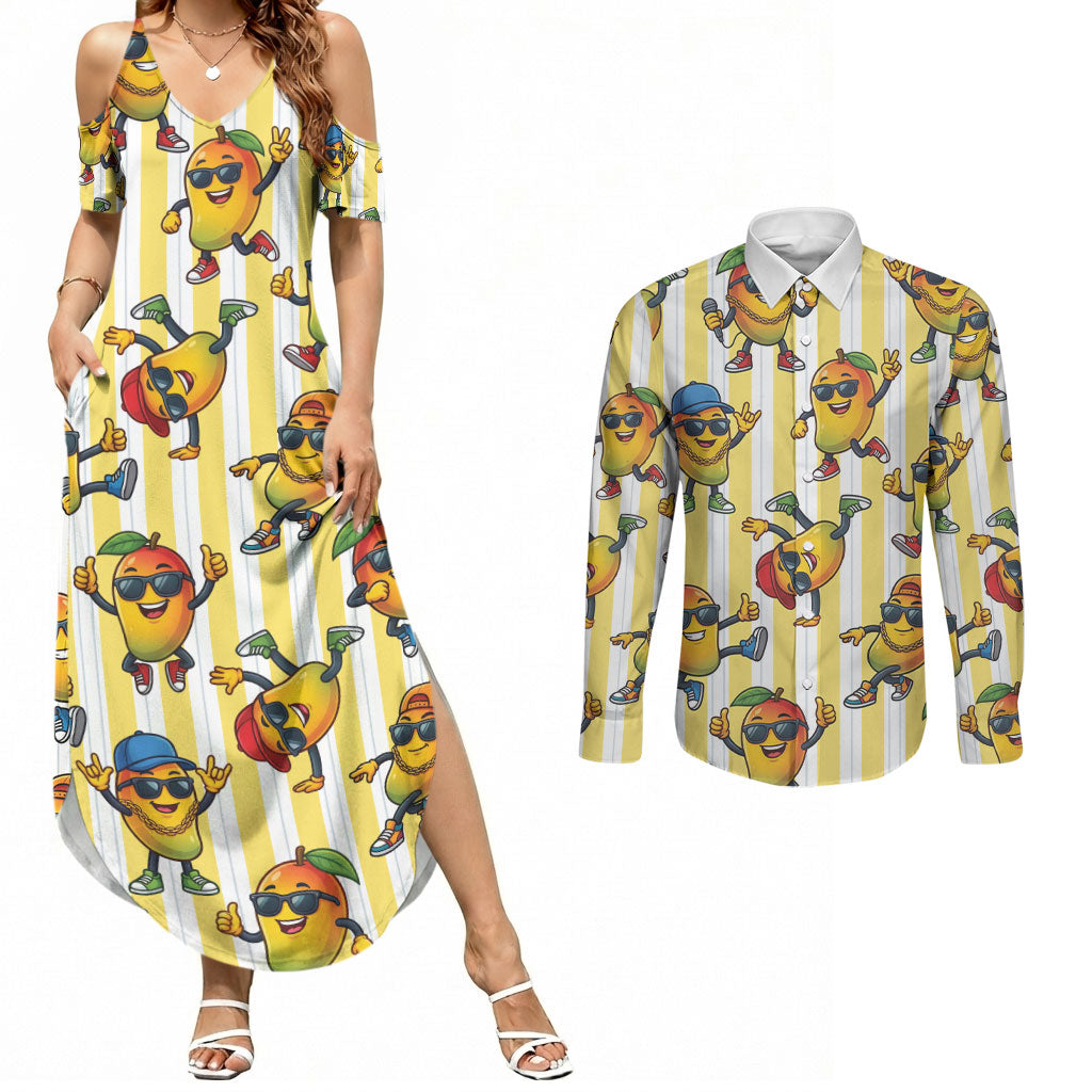 Funny Hawaii Mango Hip Hop Cartoon Couples Matching Summer Maxi Dress and Long Sleeve Button Shirt Summer Beach Party LT19 Yellow - Polynesian Pride