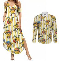 Funny Hawaii Mango Hip Hop Cartoon Couples Matching Summer Maxi Dress and Long Sleeve Button Shirt Summer Beach Party LT19 Yellow - Polynesian Pride