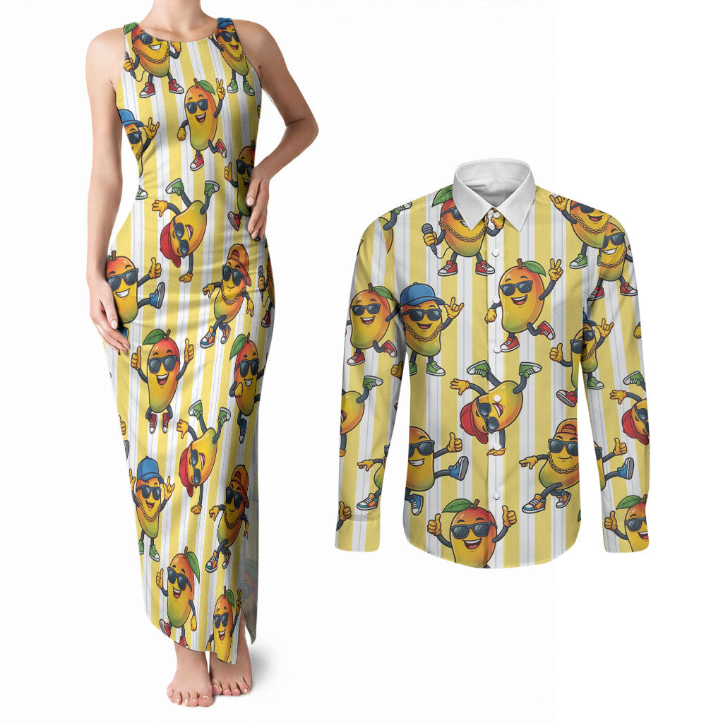 Funny Hawaii Mango Hip Hop Cartoon Couples Matching Tank Maxi Dress and Long Sleeve Button Shirt Summer Beach Party LT19 Yellow - Polynesian Pride