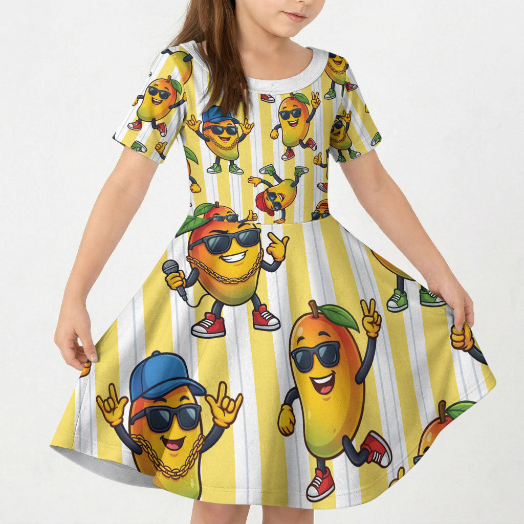 Funny Hawaii Mango Hip Hop Cartoon Kid Short Sleeve Dress Summer Beach Party LT19 KID Yellow - Polynesian Pride