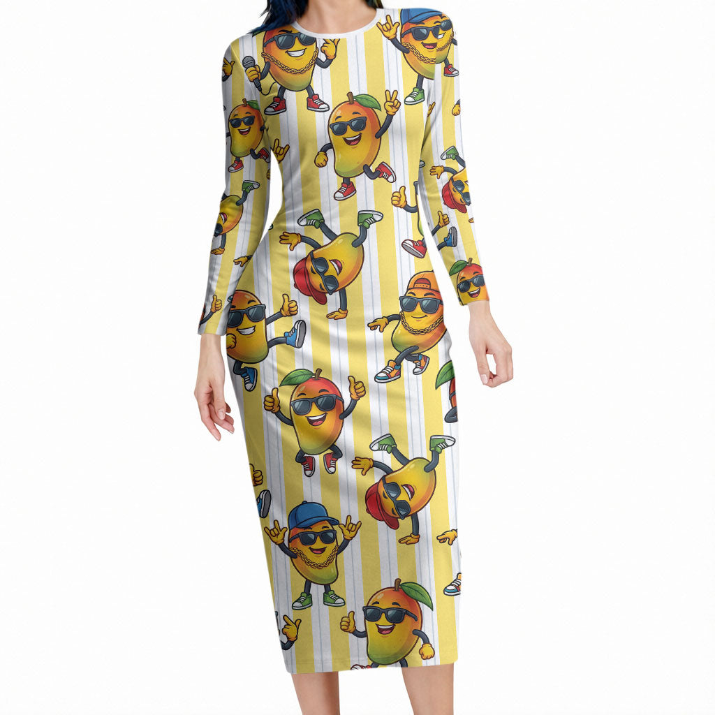 Funny Hawaii Mango Hip Hop Cartoon Long Sleeve Bodycon Dress Summer Beach Party LT19 Long Dress Yellow - Polynesian Pride