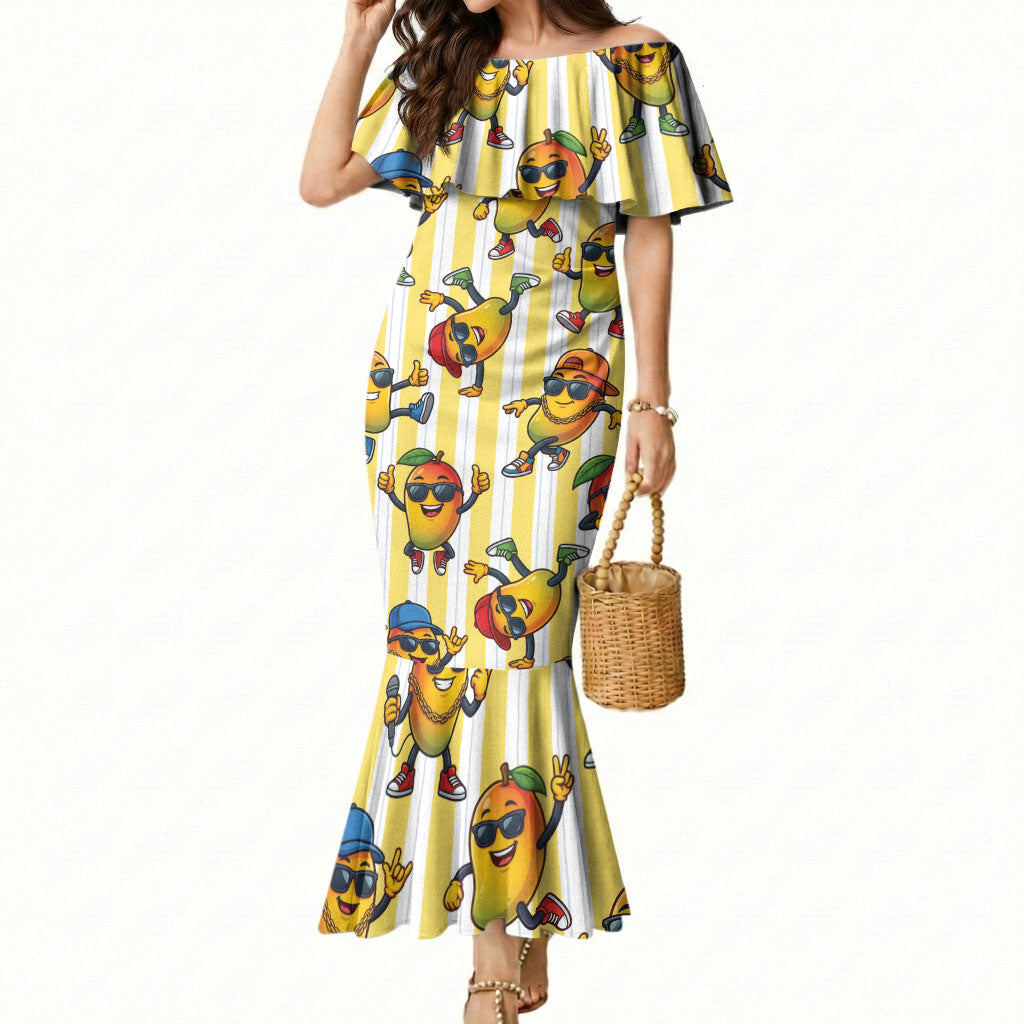 Funny Hawaii Mango Hip Hop Cartoon Mermaid Dress Summer Beach Party LT19 Women Yellow - Polynesian Pride