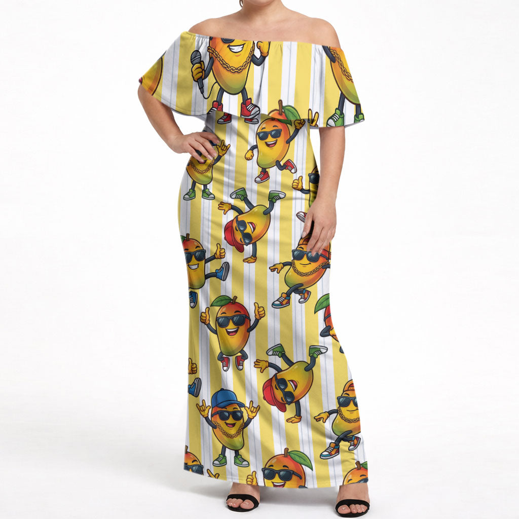 Funny Hawaii Mango Hip Hop Cartoon Off Shoulder Maxi Dress Summer Beach Party LT19 Women Yellow - Polynesian Pride
