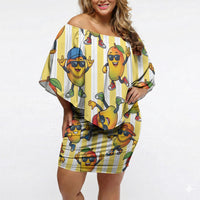 Funny Hawaii Mango Hip Hop Cartoon Off Shoulder Short Dress Summer Beach Party LT19 Women Yellow - Polynesian Pride