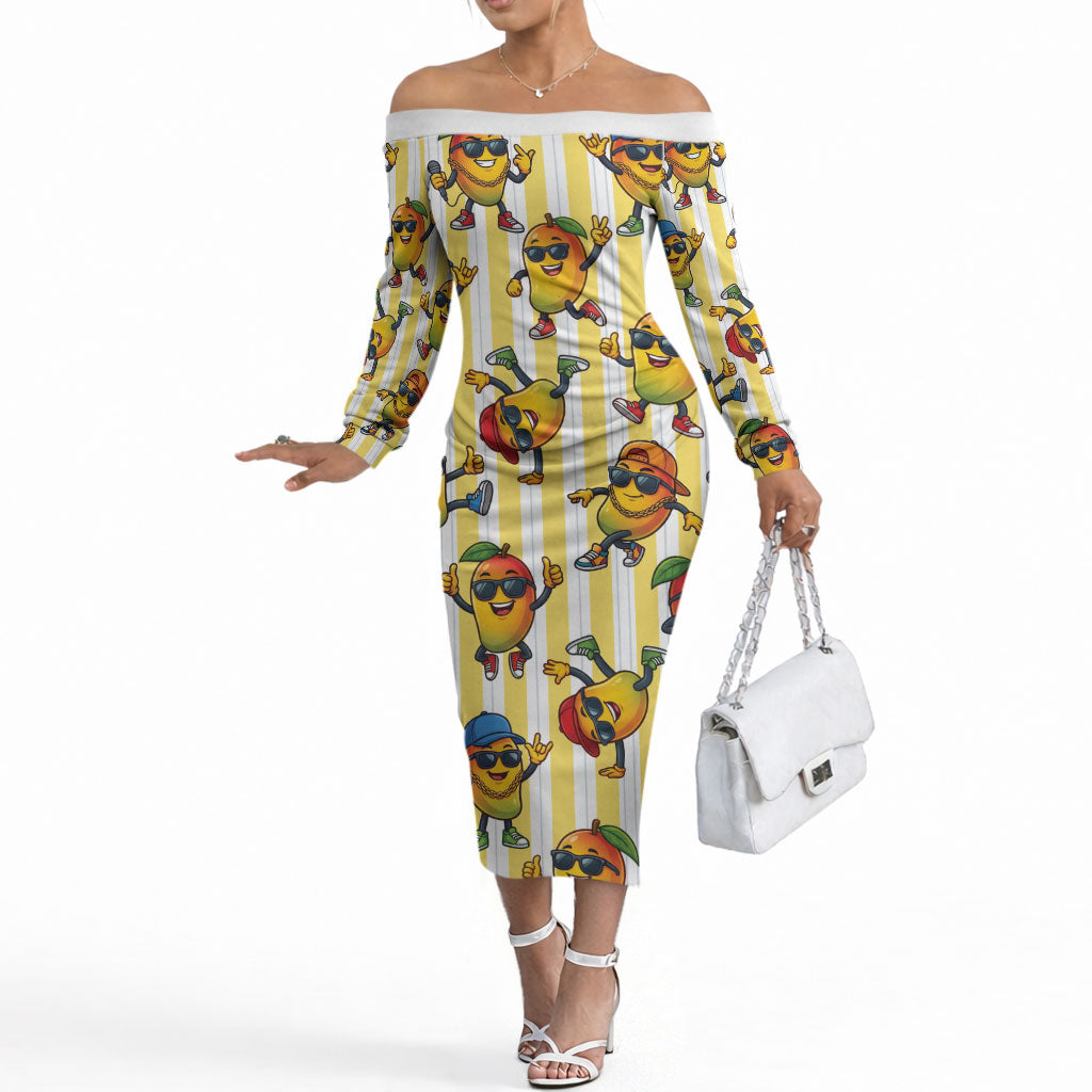Funny Hawaii Mango Hip Hop Cartoon Off The Shoulder Long Sleeve Dress Summer Beach Party LT19 Women Yellow - Polynesian Pride
