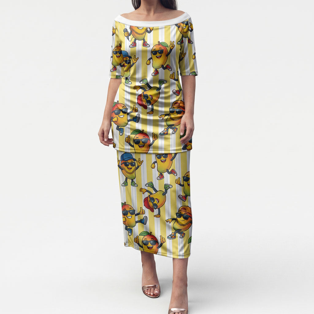 Funny Hawaii Mango Hip Hop Cartoon Puletasi Summer Beach Party LT19 Long Dress Yellow - Polynesian Pride