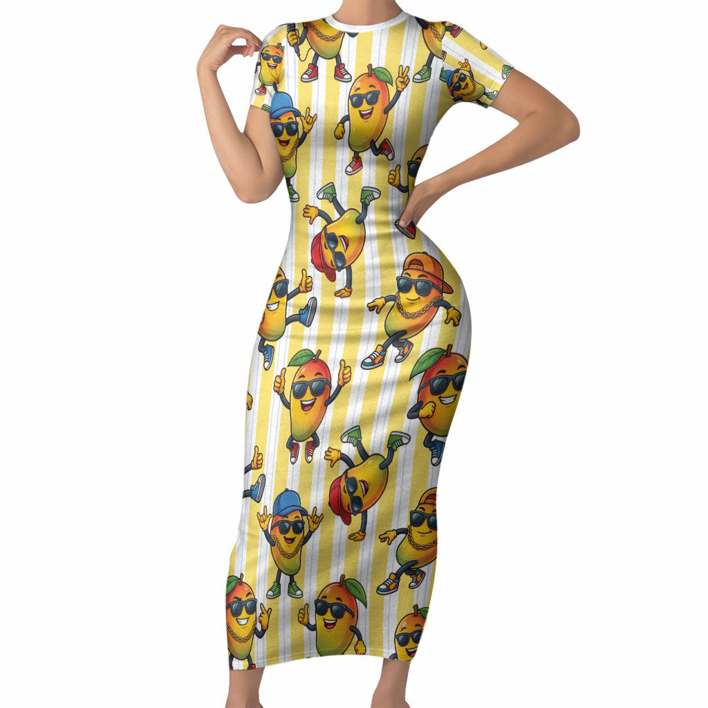 Funny Hawaii Mango Hip Hop Cartoon Short Sleeve Bodycon Dress Summer Beach Party LT19 Long Dress Yellow - Polynesian Pride
