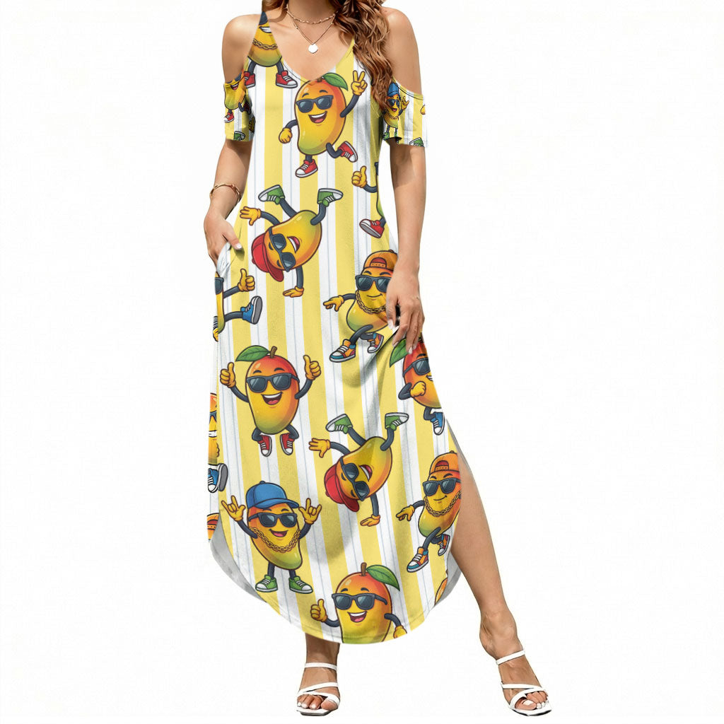 Funny Hawaii Mango Hip Hop Cartoon Summer Maxi Dress Summer Beach Party LT19 Women Yellow - Polynesian Pride