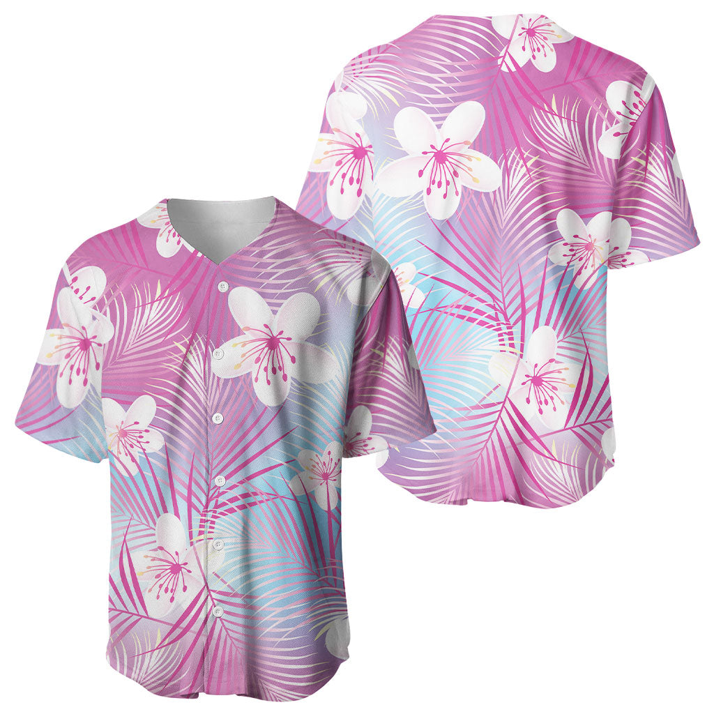 Pink Aloha Hawaiian Baseball Jersey Tropical Flower Palm Leaf Pattern LT19 - Polynesian Pride