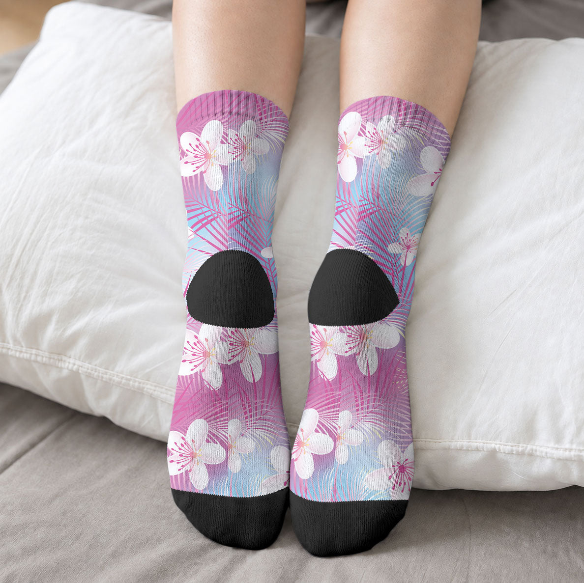 Pink Aloha Hawaiian Crew Socks Tropical Flower Palm Leaf Pattern LT19 - Polynesian Pride