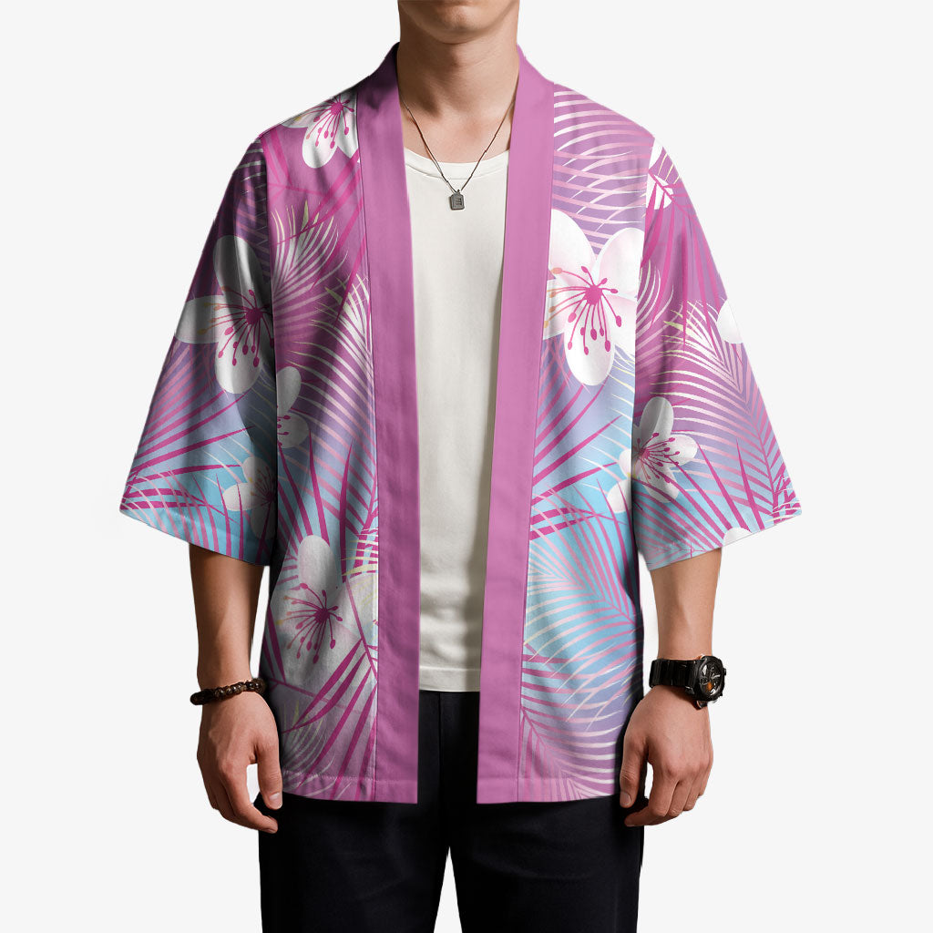 Pink Aloha Hawaiian Kimono Tropical Flower Palm Leaf Pattern LT19 - Polynesian Pride