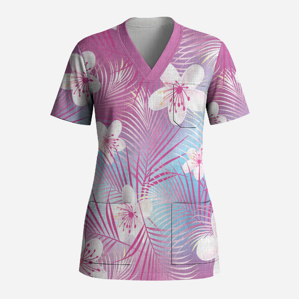 Pink Aloha Hawaiian Scrub Top Tropical Flower Palm Leaf Pattern LT19 Adult Pink - Polynesian Pride