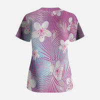 Pink Aloha Hawaiian Scrub Top Tropical Flower Palm Leaf Pattern LT19 - Polynesian Pride