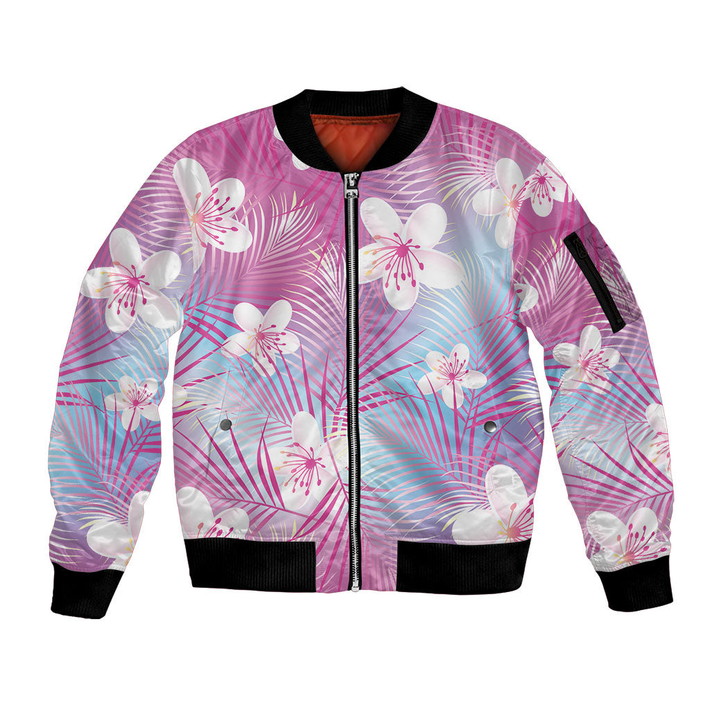 Pink Aloha Hawaiian Sleeve Zip Bomber Jacket Tropical Flower Palm Leaf Pattern LT19 Unisex Pink - Polynesian Pride