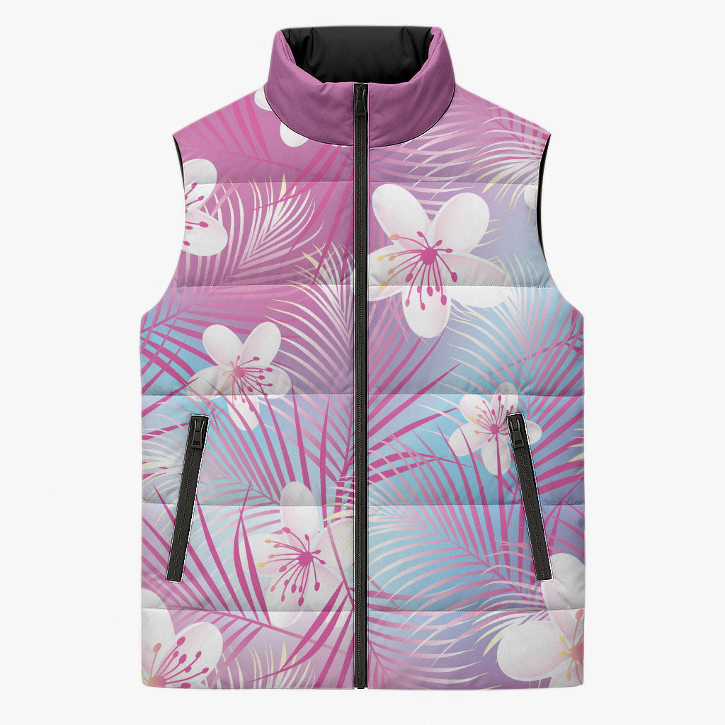 Pink Aloha Hawaiian Sleeveless Puffer Jacket Tropical Flower Palm Leaf Pattern LT19 Unisex Pink - Polynesian Pride