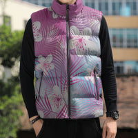 Pink Aloha Hawaiian Sleeveless Puffer Jacket Tropical Flower Palm Leaf Pattern LT19 - Polynesian Pride