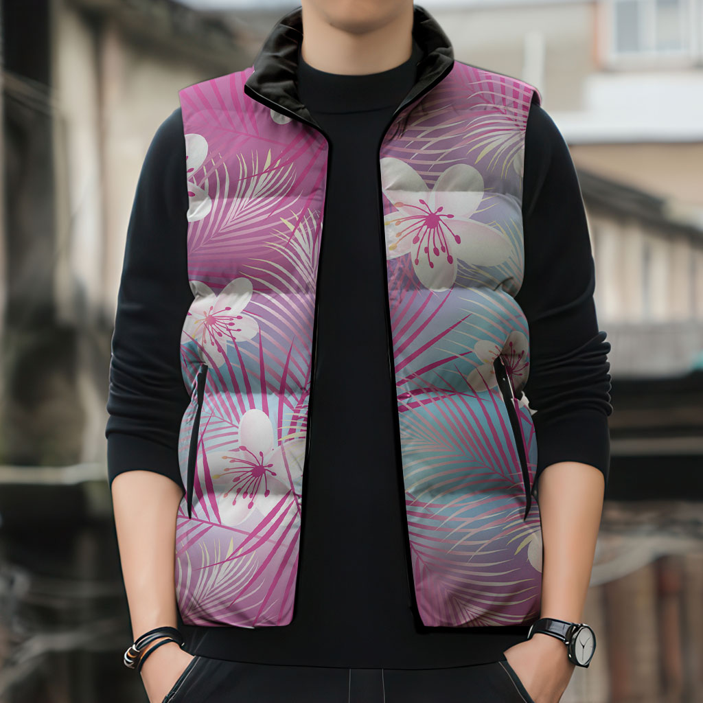 Pink Aloha Hawaiian Sleeveless Puffer Jacket Tropical Flower Palm Leaf Pattern LT19 - Polynesian Pride