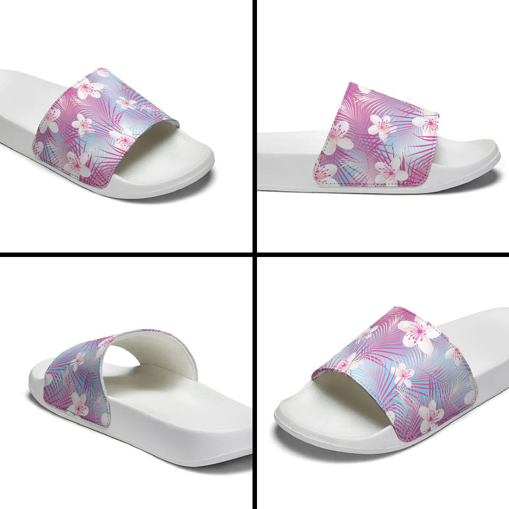 Pink Aloha Hawaiian Slide Sandals Tropical Flower Palm Leaf Pattern LT19 - Polynesian Pride