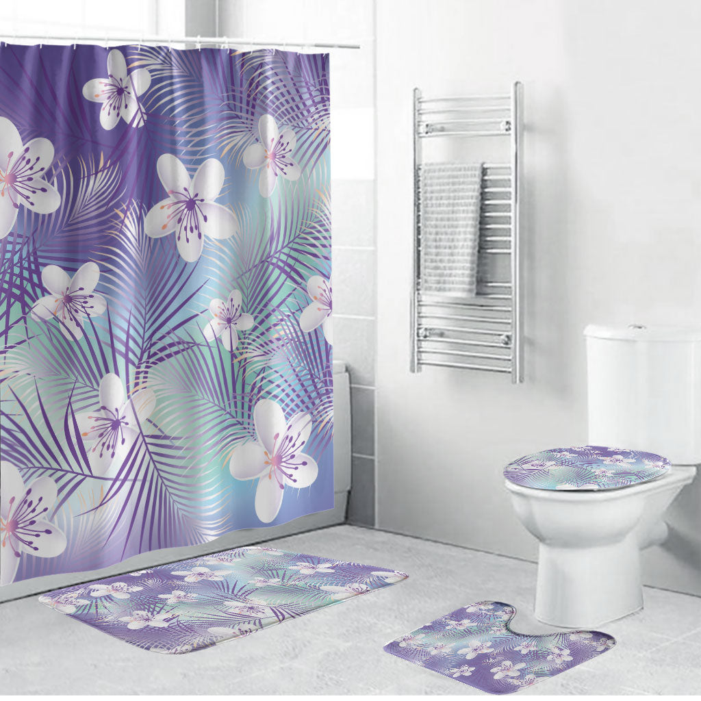 Purple Aloha Hawaiian Bathroom Set Tropical Flower Palm Leaf Pattern LT19 Bathroom Set (4 pcs) Purple - Polynesian Pride