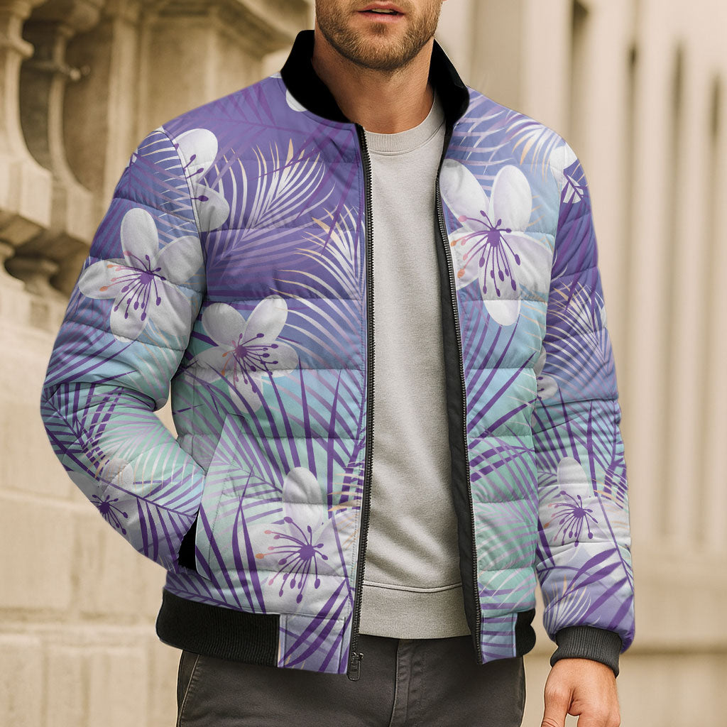 Purple Aloha Hawaiian Bomber Puffer Jacket Tropical Flower Palm Leaf Pattern LT19 - Polynesian Pride
