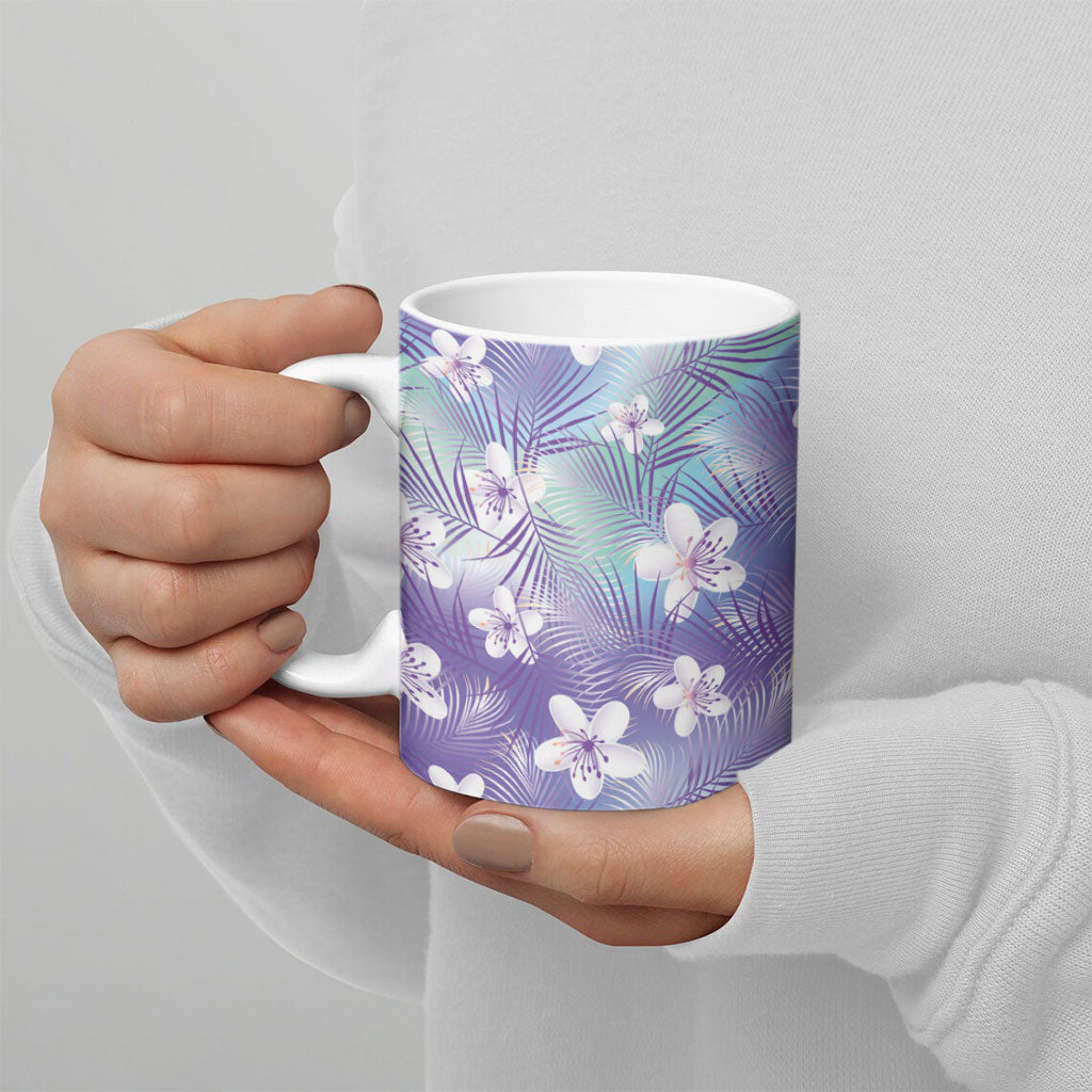 Purple Aloha Hawaiian Ceramic Mug Tropical Flower Palm Leaf Pattern LT19 - Polynesian Pride