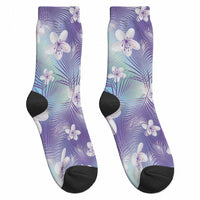 Purple Aloha Hawaiian Crew Socks Tropical Flower Palm Leaf Pattern LT19 - Polynesian Pride