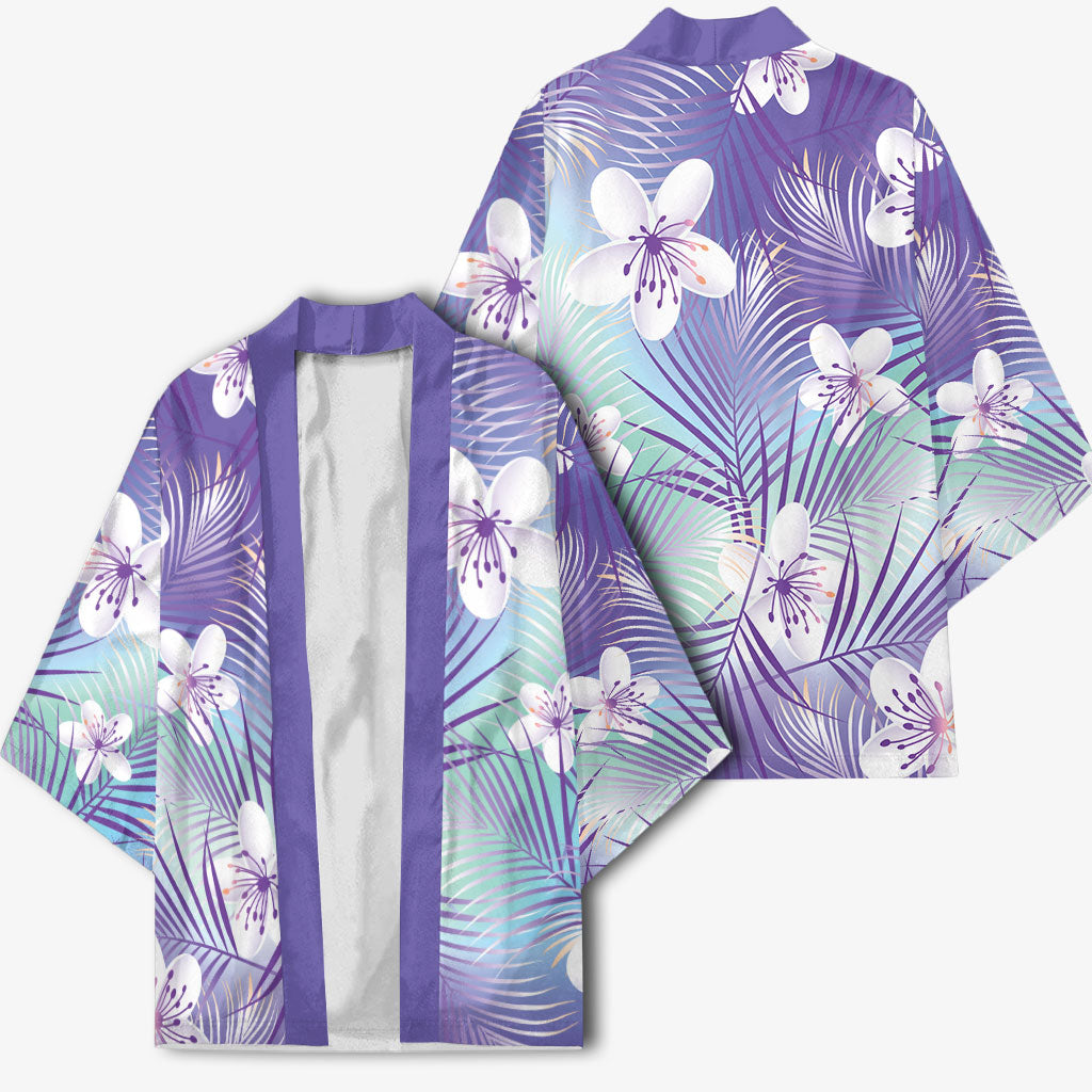 Purple Aloha Hawaiian Kimono Tropical Flower Palm Leaf Pattern LT19 - Polynesian Pride