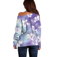 Purple Aloha Hawaiian Off Shoulder Sweater Tropical Flower Palm Leaf Pattern LT19 - Polynesian Pride