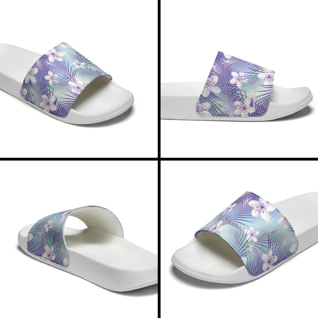 Purple Aloha Hawaiian Slide Sandals Tropical Flower Palm Leaf Pattern LT19 - Polynesian Pride
