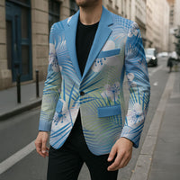 Blue Aloha Hawaiian Blazer Tropical Flower Palm Leaf Pattern LT19 - Polynesian Pride