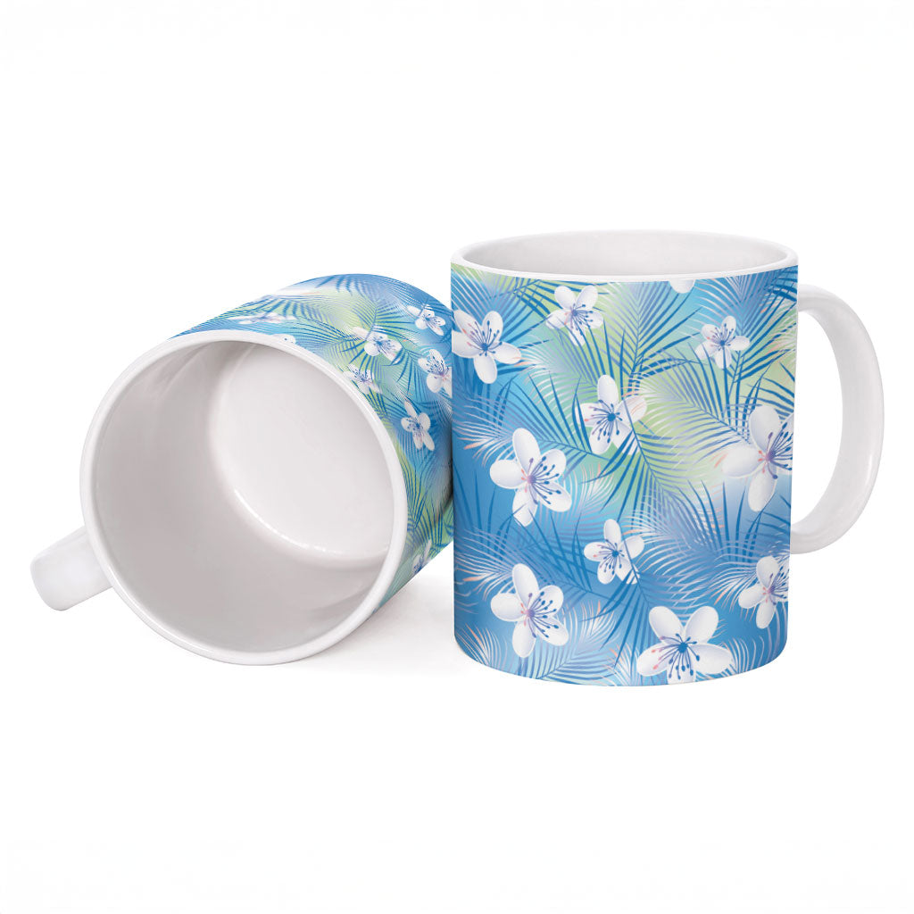 Blue Aloha Hawaiian Ceramic Mug Tropical Flower Palm Leaf Pattern LT19 - Polynesian Pride