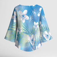 Blue Aloha Hawaiian Kimono Sleeve Blouse Tropical Flower Palm Leaf Pattern LT19 - Polynesian Pride