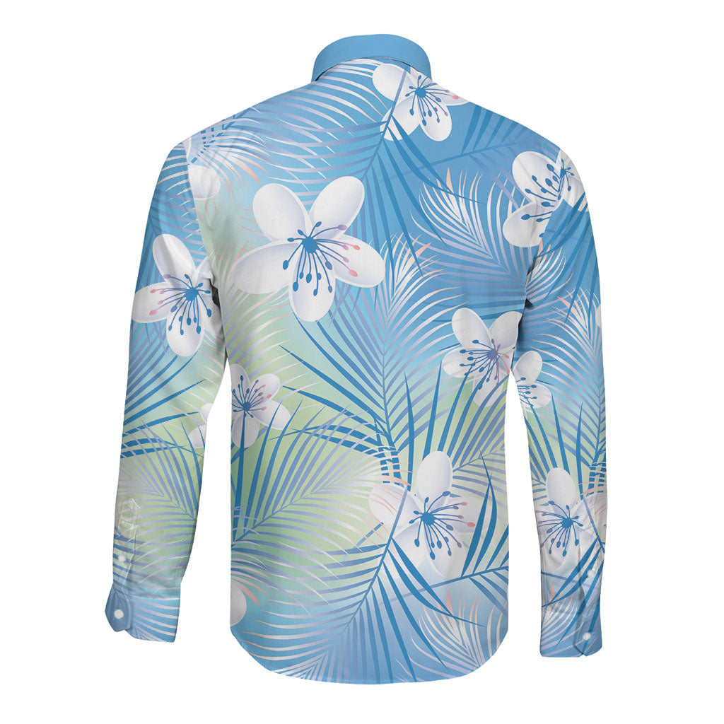 Blue Aloha Hawaiian Long Sleeve Button Shirt Tropical Flower Palm Leaf Pattern LT19 - Polynesian Pride