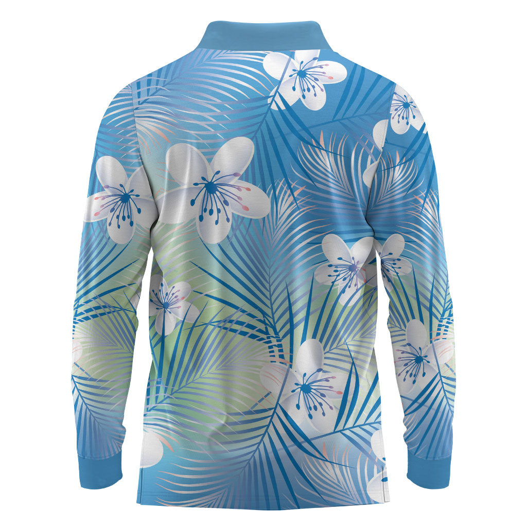 Blue Aloha Hawaiian Long Sleeve Polo Shirt Tropical Flower Palm Leaf Pattern LT19 - Polynesian Pride