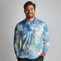Blue Aloha Hawaiian Long Sleeve Polo Shirt Tropical Flower Palm Leaf Pattern LT19 - Polynesian Pride