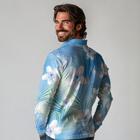 Blue Aloha Hawaiian Long Sleeve Polo Shirt Tropical Flower Palm Leaf Pattern LT19 - Polynesian Pride