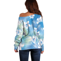 Blue Aloha Hawaiian Off Shoulder Sweater Tropical Flower Palm Leaf Pattern LT19 - Polynesian Pride