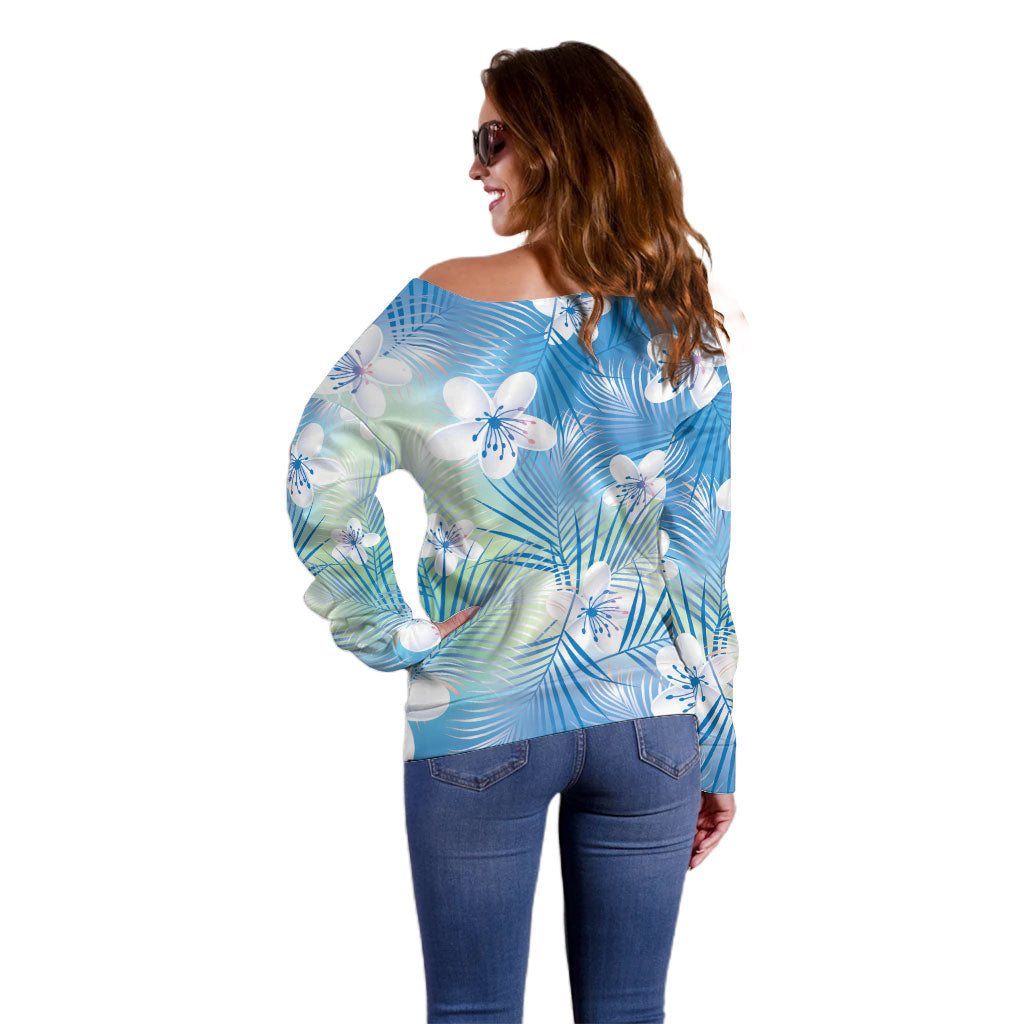Blue Aloha Hawaiian Off Shoulder Sweater Tropical Flower Palm Leaf Pattern LT19 - Polynesian Pride
