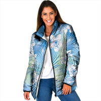 Blue Aloha Hawaiian Padded Jacket Tropical Flower Palm Leaf Pattern LT19 Women Blue - Polynesian Pride