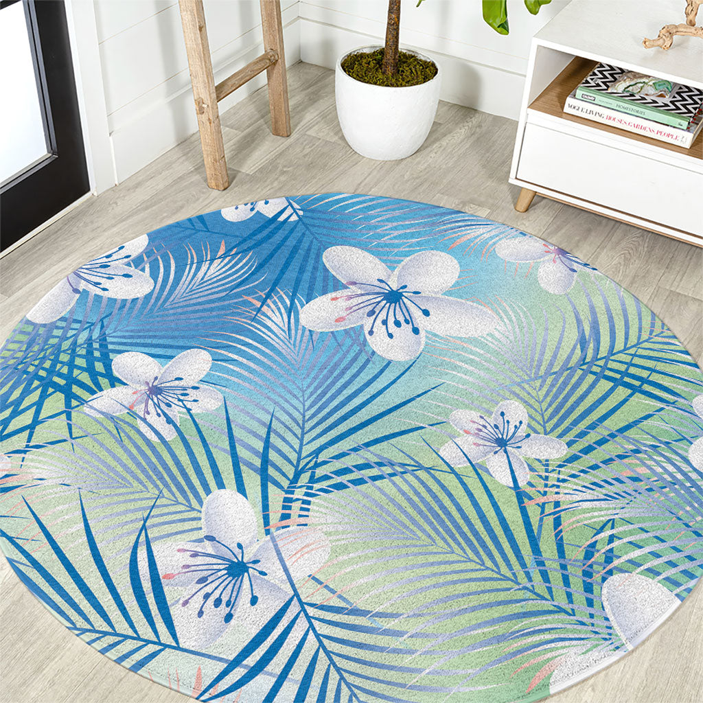 Blue Aloha Hawaiian Round Carpet Tropical Flower Palm Leaf Pattern LT19 Blue - Polynesian Pride