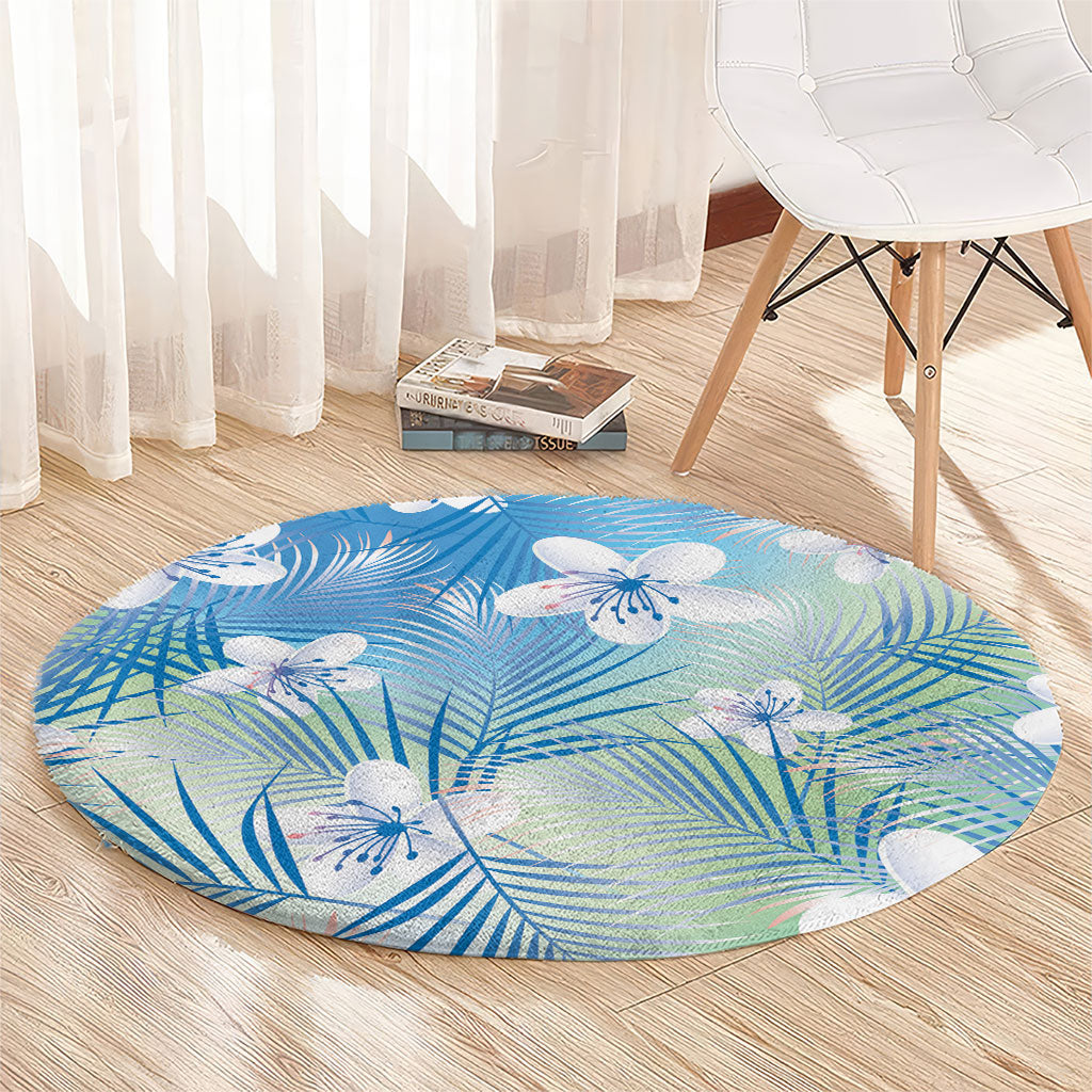 Blue Aloha Hawaiian Round Carpet Tropical Flower Palm Leaf Pattern LT19 - Polynesian Pride