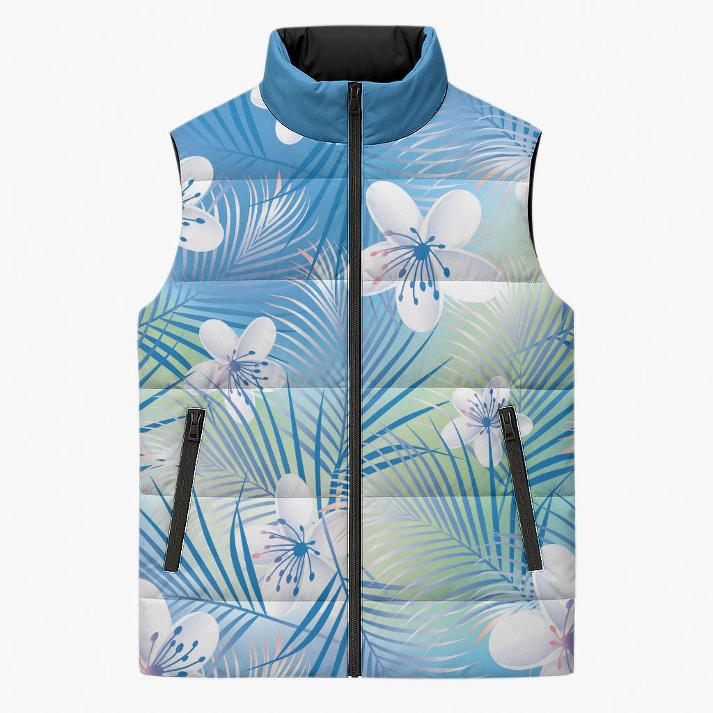Blue Aloha Hawaiian Sleeveless Puffer Jacket Tropical Flower Palm Leaf Pattern LT19 Unisex Blue - Polynesian Pride
