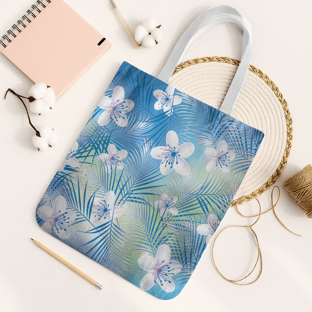Blue Aloha Hawaiian Tote Bag Tropical Flower Palm Leaf Pattern LT19 White Strap One Size Blue - Polynesian Pride