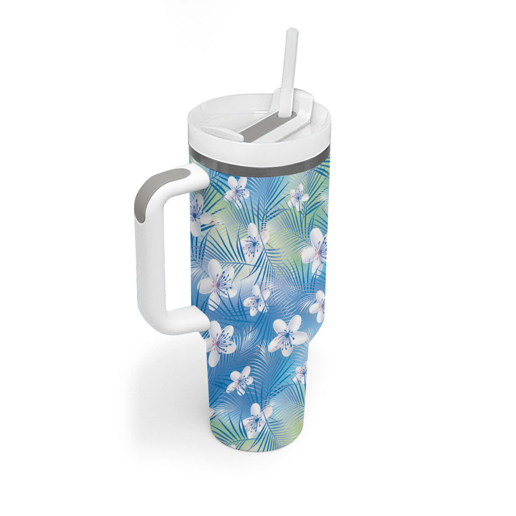 Blue Aloha Hawaiian Tumbler With Handle Tropical Flower Palm Leaf Pattern LT19 - Polynesian Pride