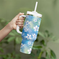 Blue Aloha Hawaiian Tumbler With Handle Tropical Flower Palm Leaf Pattern LT19 - Polynesian Pride