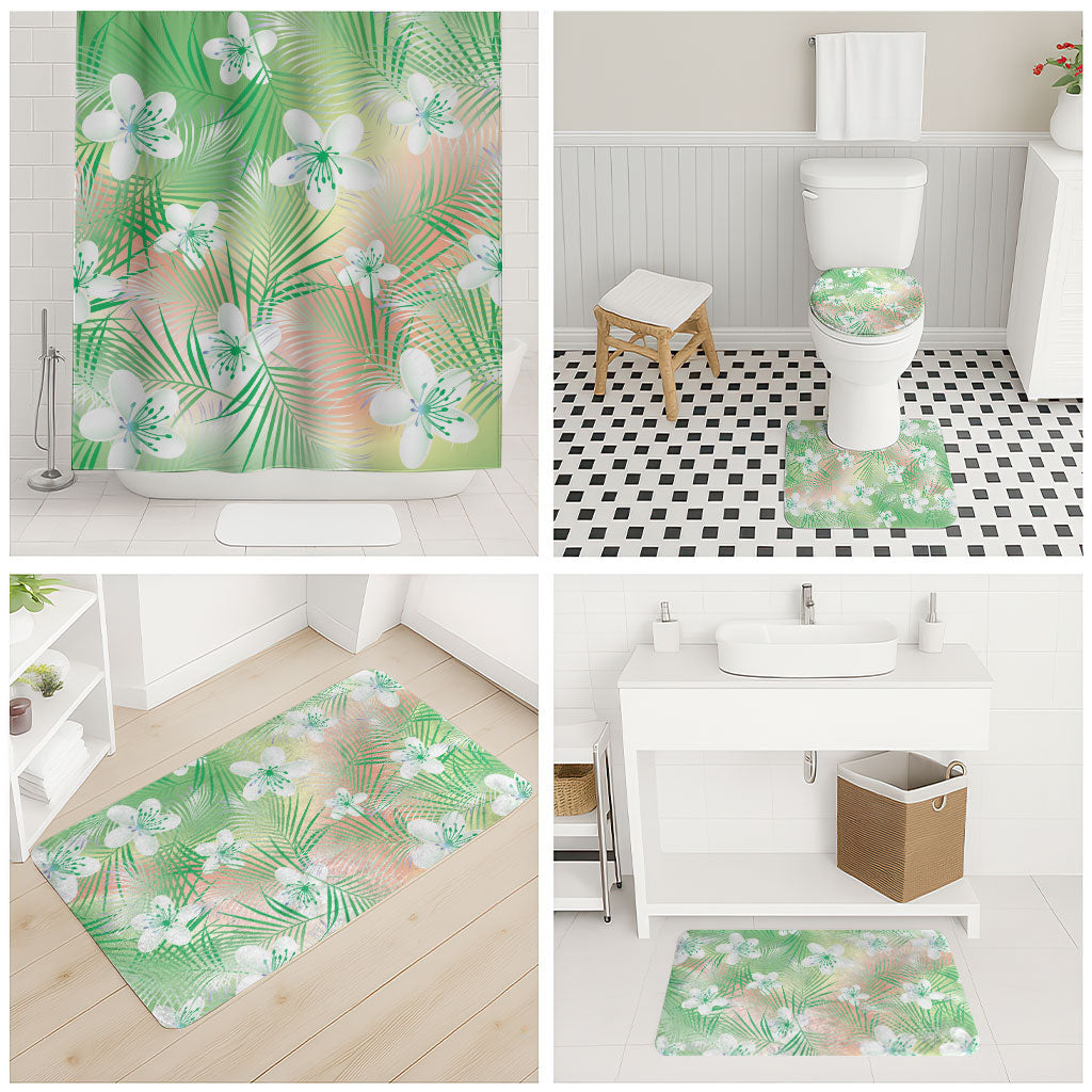 Green Aloha Hawaiian Bathroom Set Tropical Flower Palm Leaf Pattern LT19 - Polynesian Pride