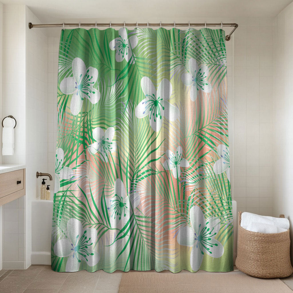 Green Aloha Hawaiian Bathroom Set Tropical Flower Palm Leaf Pattern LT19 Shower Curtain Only Green - Polynesian Pride