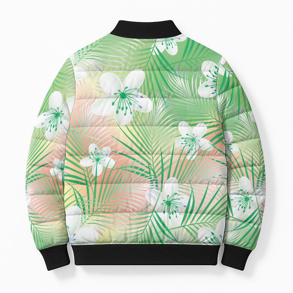 Green Aloha Hawaiian Bomber Puffer Jacket Tropical Flower Palm Leaf Pattern LT19 - Polynesian Pride